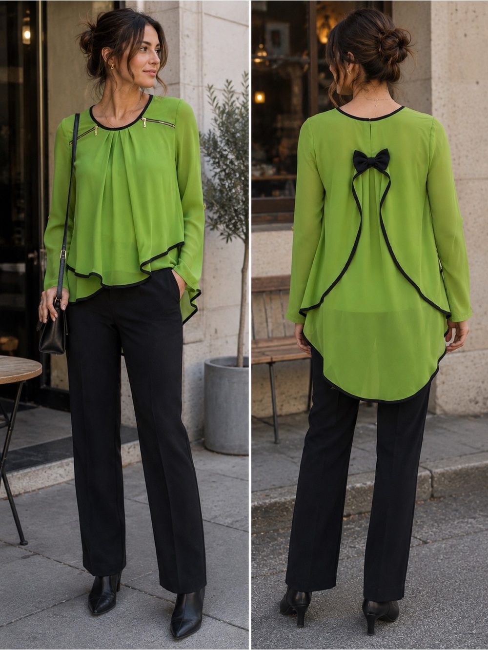 Zara Y2K Lime Green Chiffon Blouse S Bow Back High Low Zip